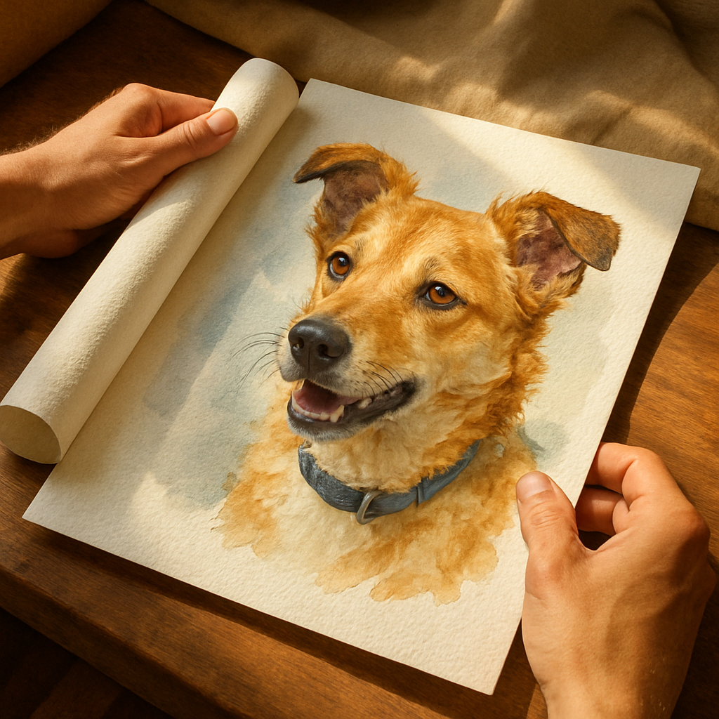 A cozy scene showing a person unrolling a freshly printed custom watercolor pet portrait on textured paper, sunlight highlighting the subtle brush strokes. Alt: Custom watercolor pet portrait printable download printed on archival textured paper, showcasing vibrant colors and delicate details.