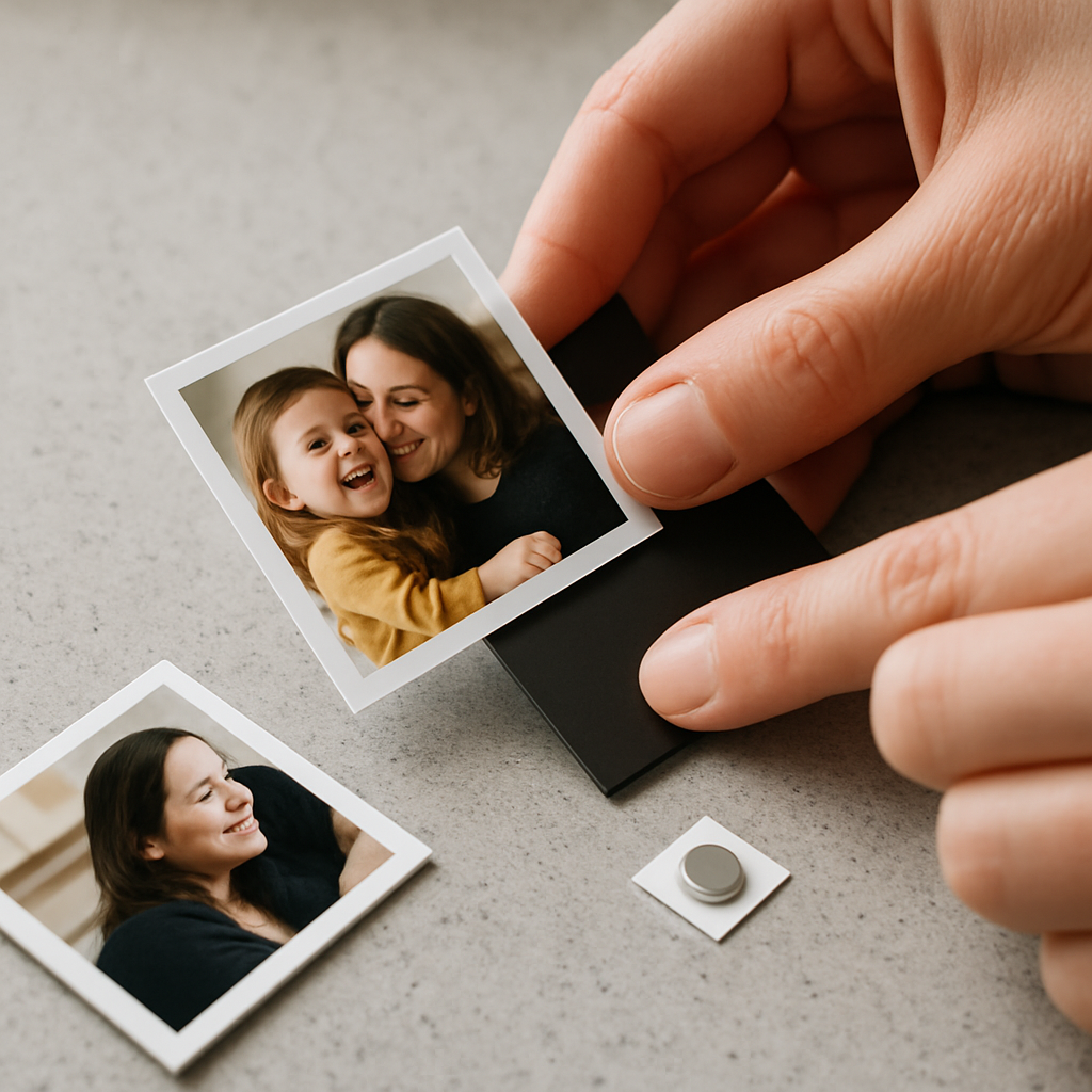 A close‑up of hands assembling a mini photo magnet on a kitchen counter, showing the printed image being pressed onto a magnetic backing, with a tiny adhesive‑backed rare earth magnet in the corner. Alt: Assembling mini photo magnets with adhesive-backed rare earth magnet corners.