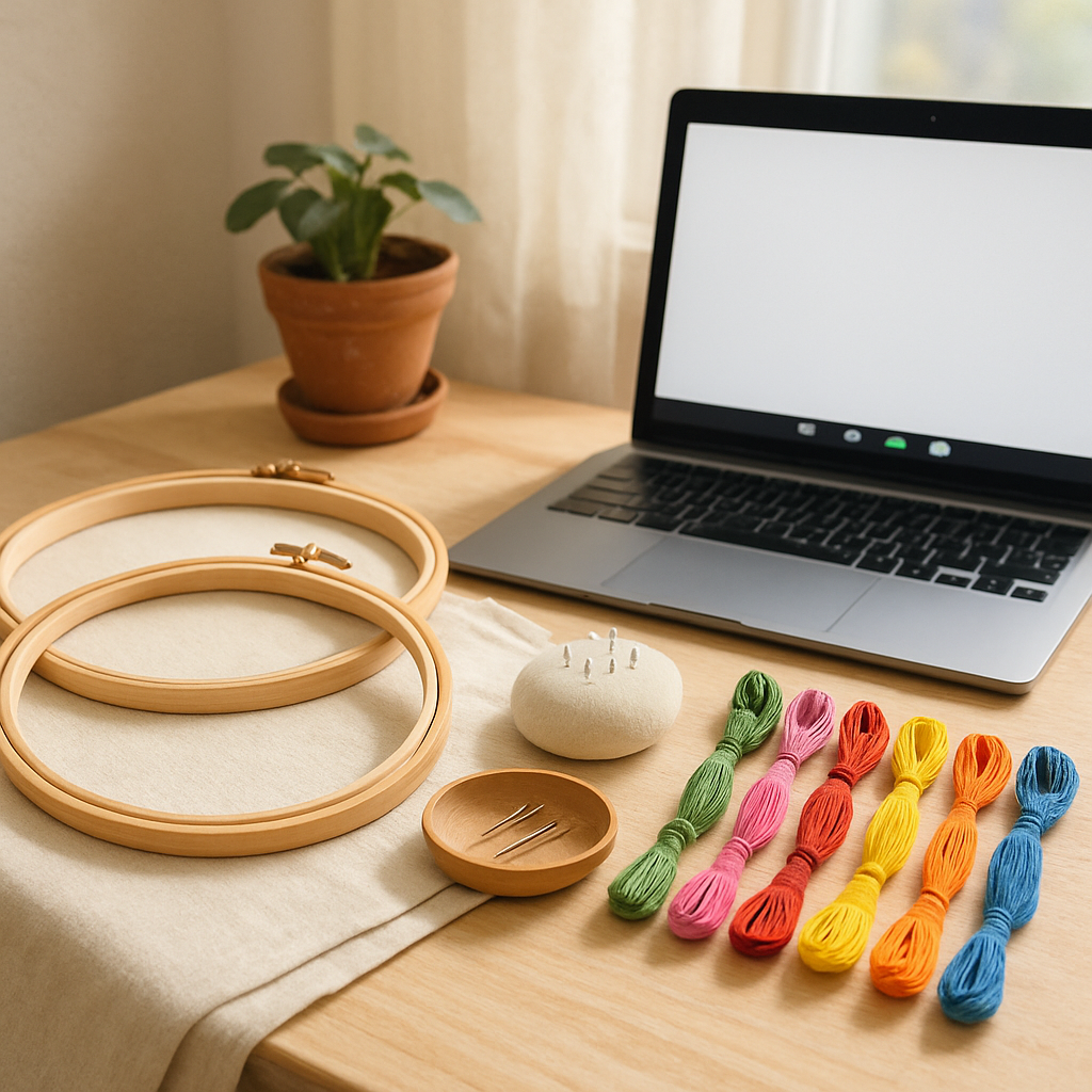 A cozy, bright workspace neatly arranged with embroidery hoops, colorful threads, needles, and natural fabric, representing readiness for an interactive online embroidery hoop art workshop. Alt: Preparing materials and workspace for interactive online embroidery hoop art workshop