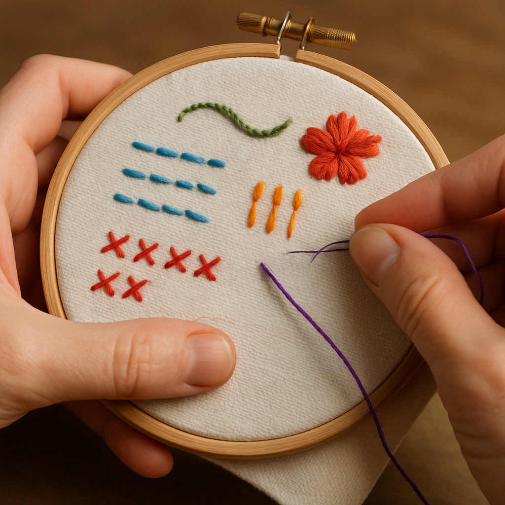Close-up photo of hands demonstrating various embroidery stitches on a fabric stretched in an embroidery hoop. Alt: Hands sewing basic embroidery stitches in an interactive online embroidery hoop art workshop.