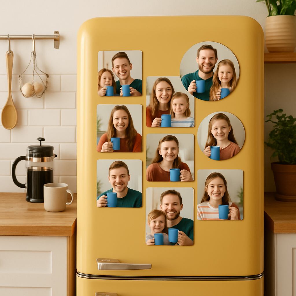 A cozy kitchen scene with a bright fridge covered in custom photo magnets, some square, some round, showing a family smiling while holding a coffee mug. Alt: Custom photo fridge magnets displayed on a kitchen refrigerator, showcasing vibrant colors and personalized designs.