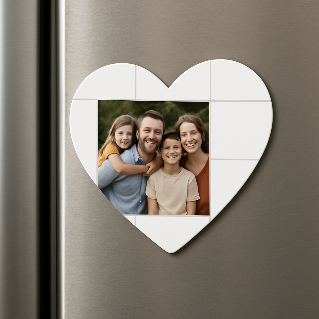 A heart‑shaped photo magnet on a kitchen fridge, showing a family photo and a simple layout grid. Alt: heart shaped photo magnets displayed on a refrigerator
