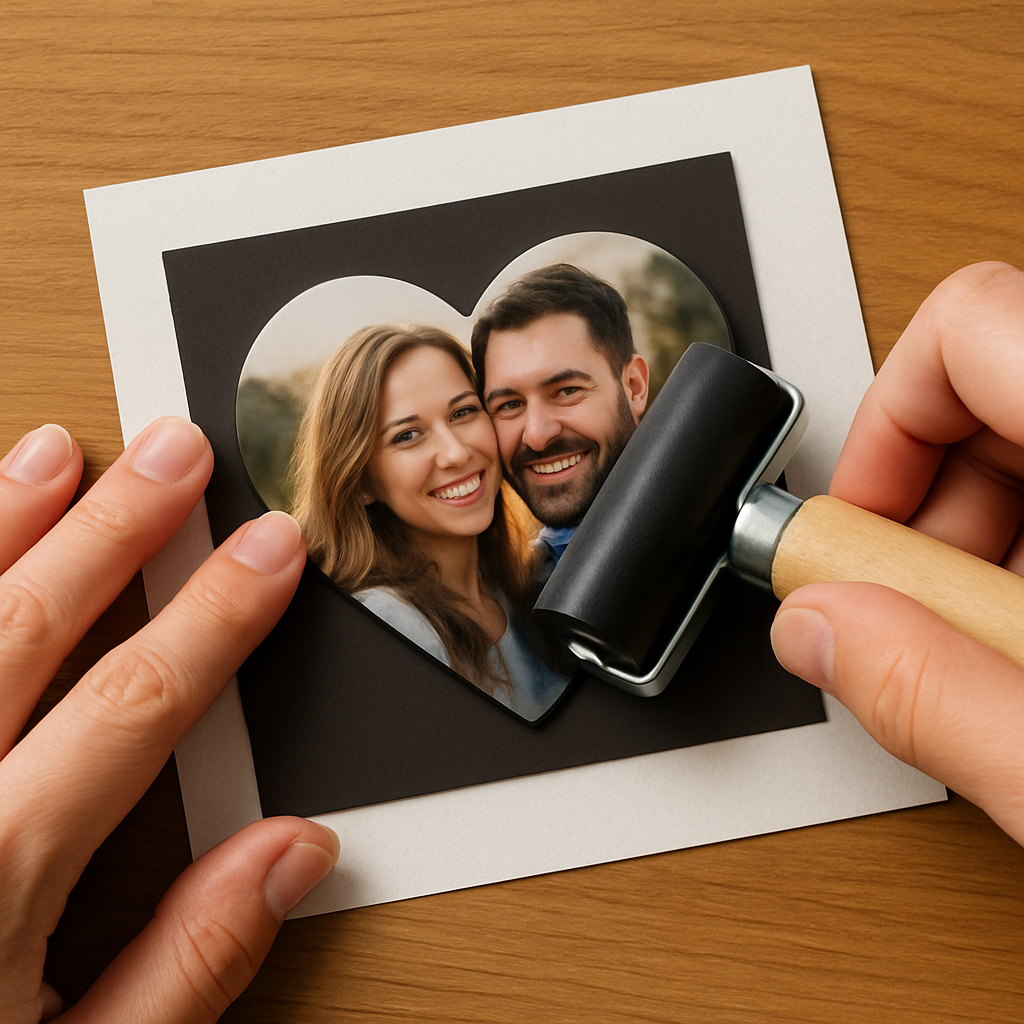 Close‑up of hands pressing a heart‑shaped photo between magnetic foil and paper, showing a roller flattening the adhesive. Alt: Assembling heart shaped photo magnets