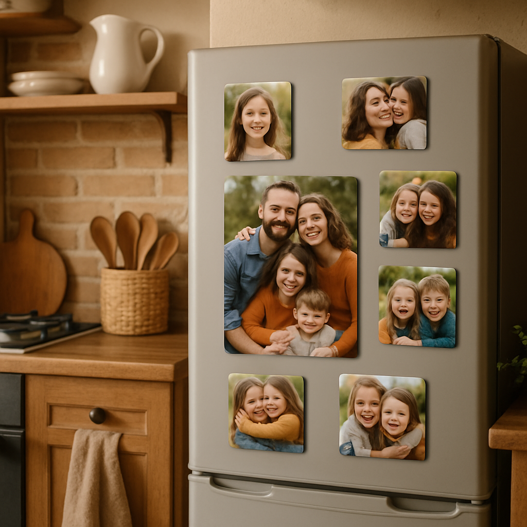 A cozy kitchen scene with a fridge door covered in personalized photo magnets, showing a family smiling in a candid snapshot. Alt: Custom photo magnets for fridge gift displayed on kitchen refrigerator.