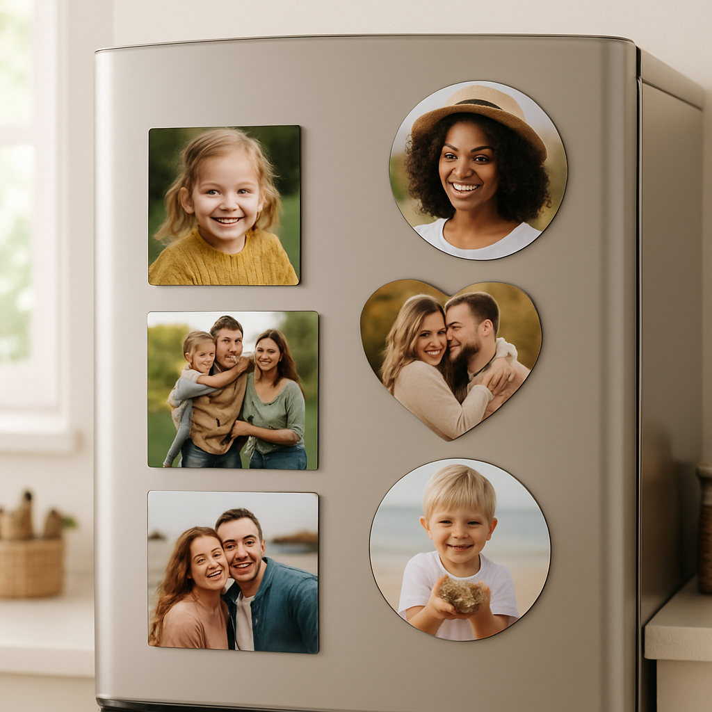 A bright kitchen fridge with several custom photo magnets of different shapes and sizes displayed, showcasing a square, round, and heart-shaped magnet. Alt: custom photo magnets for fridge gift variety