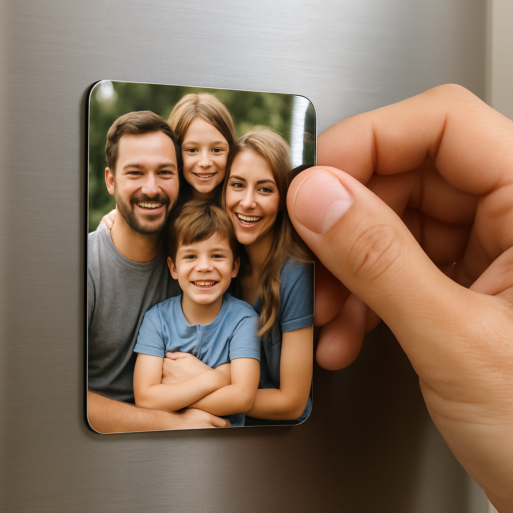 A close‑up of a hand placing a custom photo magnet on a refrigerator, showing the glossy finish and strong magnetic pull. Alt: custom photo magnets for fridge gift showcase.