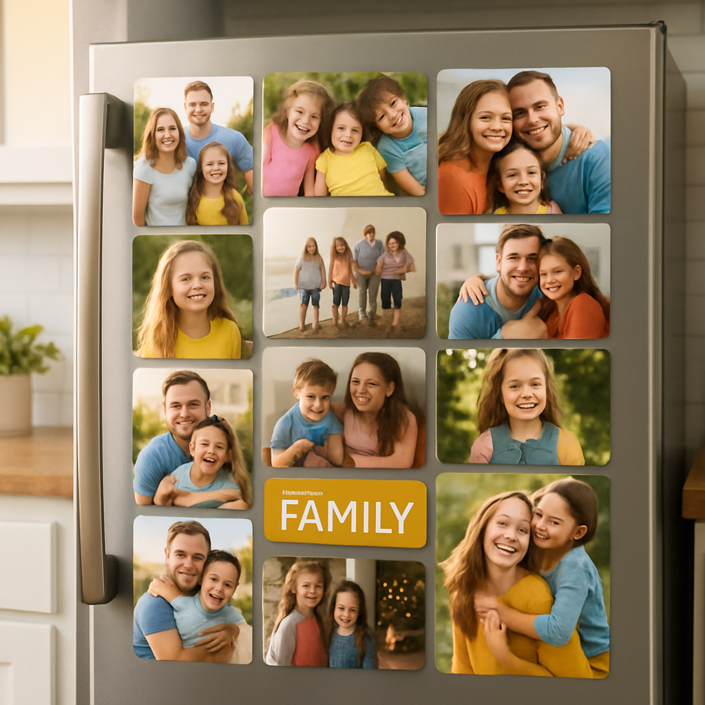 A bright kitchen fridge covered with colorful custom photo magnets, showing a family photo collage. Alt: custom photo magnets for fridge gift