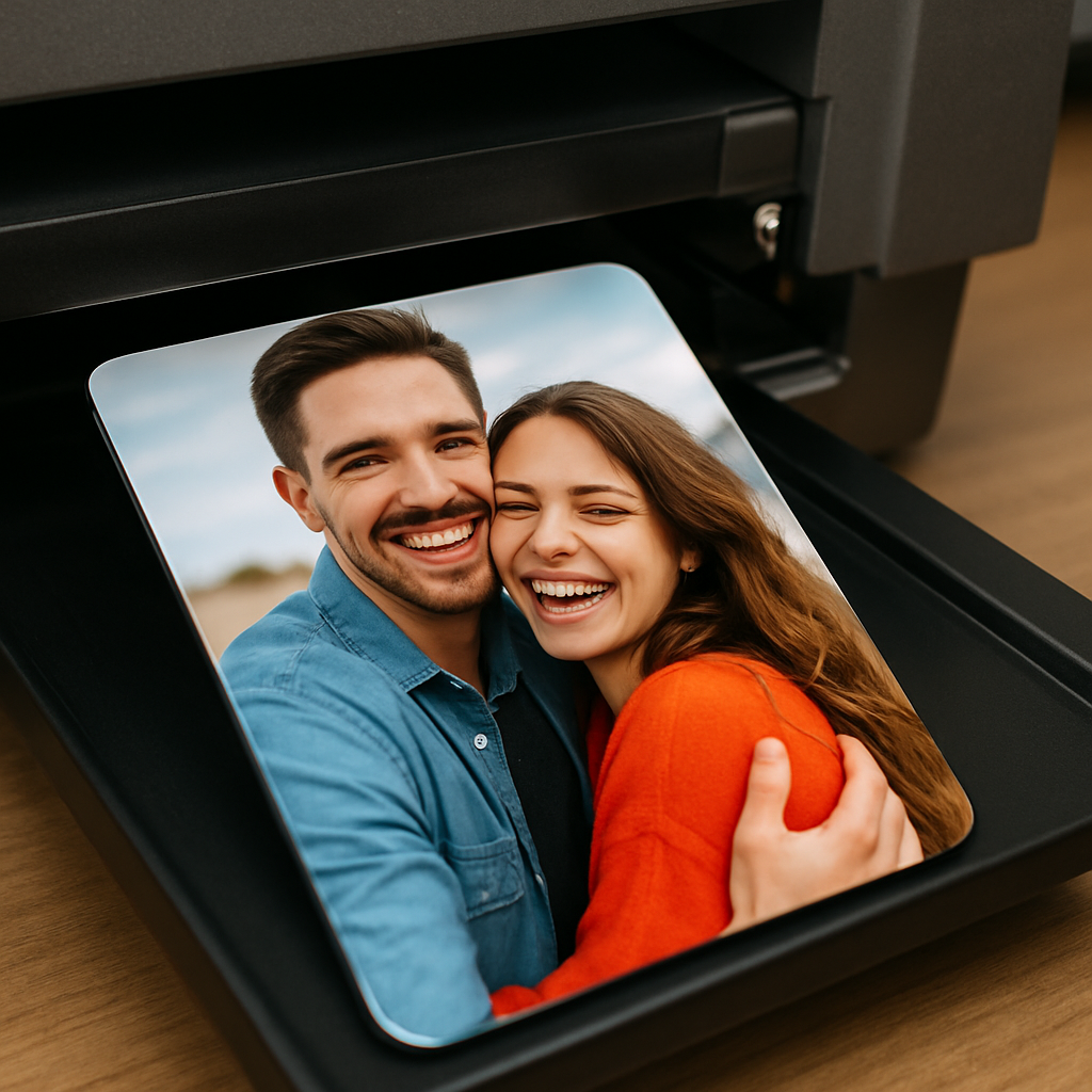 A close‑up of a custom photo magnet being printed, showing glossy finish and vibrant colors. Alt: custom photo magnets for fridge gift printing process