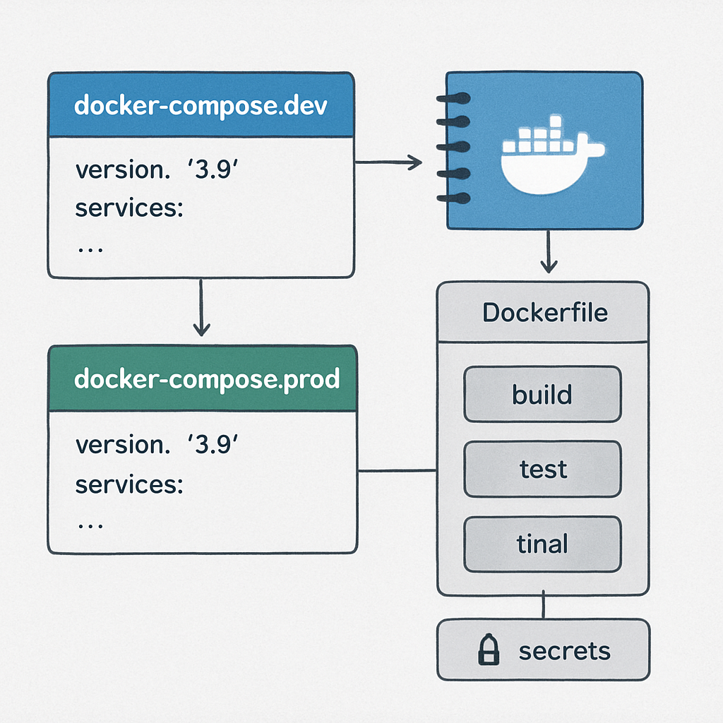 A Docker Compose diagram showing separate dev and production files, multi‑stage Dockerfile layers, and secret handling. Alt: Optimize Docker Compose for production with multi‑stage builds and secure secrets.