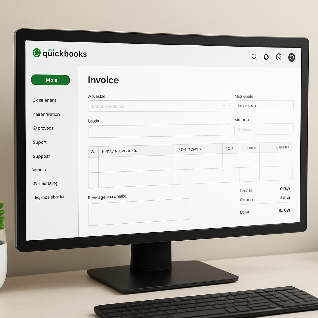 A clean desktop screen showing QuickBooks Online dashboard with an open invoice form, highlighting the “+ New” button. Alt: QuickBooks Online account setup dashboard with invoice creation screen