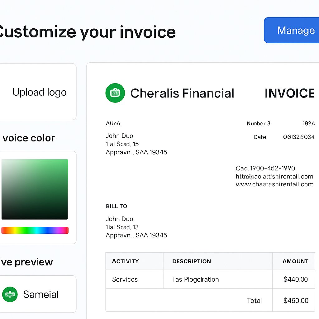 A clean QuickBooks invoice screen with the “Manage” button highlighted, showing logo upload, color picker, and live preview. Alt: How to customize QuickBooks Online invoice template for small businesses.
