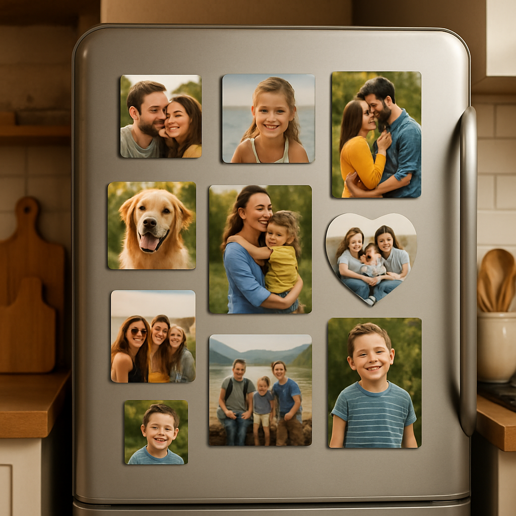A cozy home kitchen fridge door adorned with a variety of vibrant custom photo magnets, showcasing different sizes and shapes. Alt: Custom photo magnets for fridge gift displayed on a kitchen refrigerator.