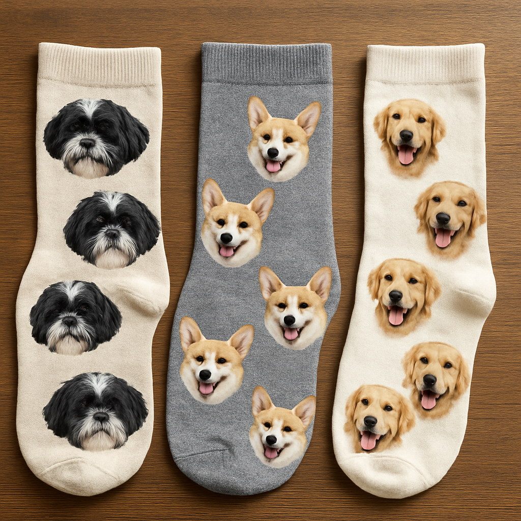 A close‑up of a hand reviewing a custom pet sock design on a laptop screen, showing the preview and order button. Alt: personalized pet face socks design review.