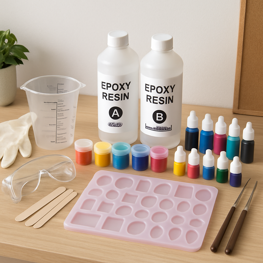 A bright, tidy resin art workspace showing essential materials like epoxy resin kit, silicone molds, pigments, and tools all neatly arranged for jewelry making. Alt: Workspace setup for creating resin art jewelry at home with organized materials and safety equipment.