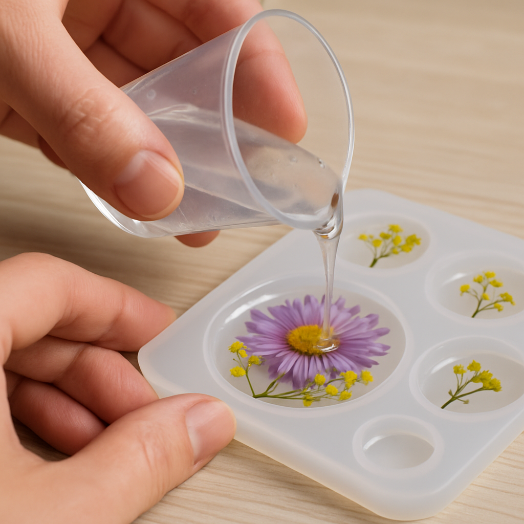 A close-up shot of hands carefully pouring clear epoxy resin into a jewelry mold with embedded dried flowers, highlighting clarity and bubble-free surface. Alt: Pouring resin for DIY resin art jewelry at home with embedded decorative elements.