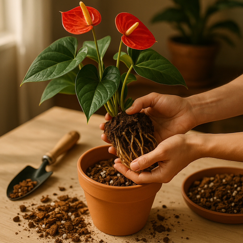 A bright, inviting scene showing an anthurium plant being carefully repotted using a custom potting mix with visible orchid bark, perlite, and coir. Alt: Repotting anthurium with custom potting mix in a terracotta pot, showcasing healthy roots and fresh soil.