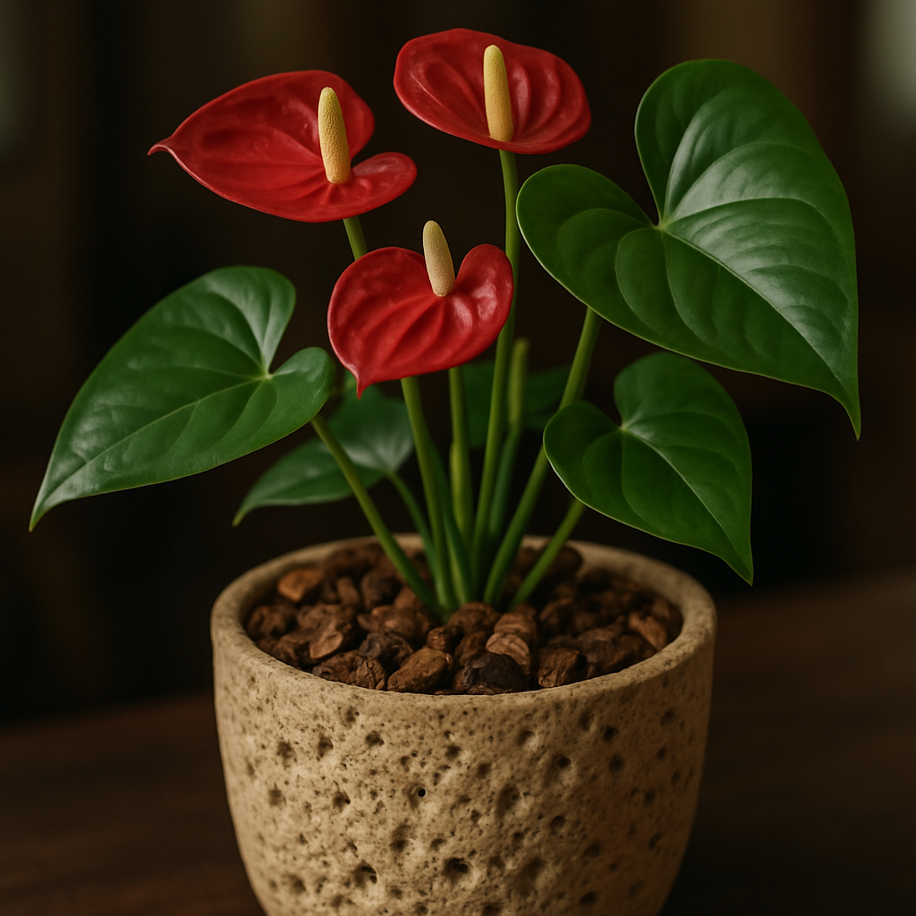 A beautifully potted Anthurium plant in a porous container, showing visible chunky aroid potting mix and fresh green leaves. Alt: Anthurium plant thriving in chunky aroid potting mix with proper care.