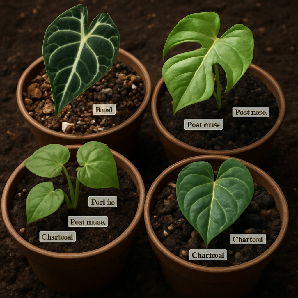A high-quality image showing various aroid plants in different customized soil mixes with labels indicating components like bark, perlite, peat moss, and charcoal. Alt: Detailed view of diverse aroid soil mixes customized for different species.