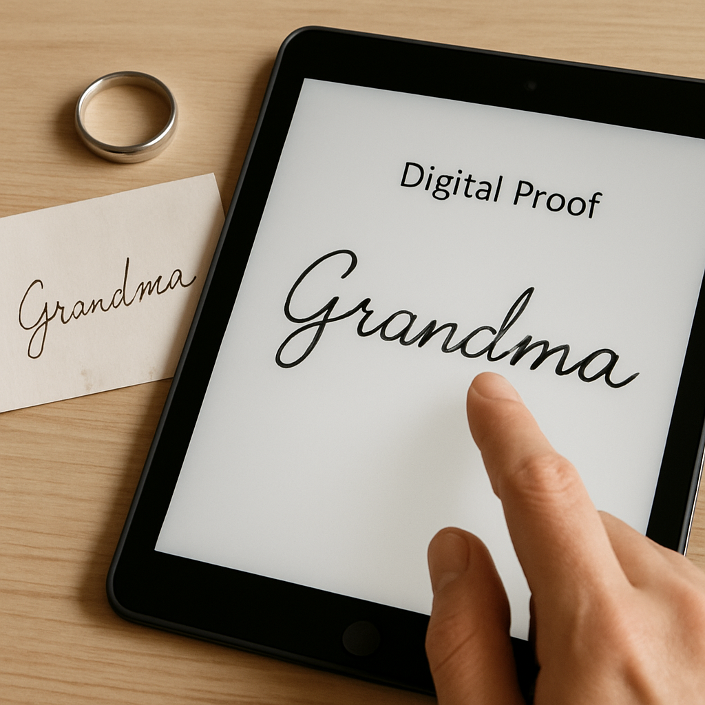A close-up of a person reviewing a digital proof of a handwriting design for custom jewelry on a tablet, with a handwritten note and a ring next to the device. Alt: Reviewing proofs of a custom handwriting jewelry gift on a digital screen.