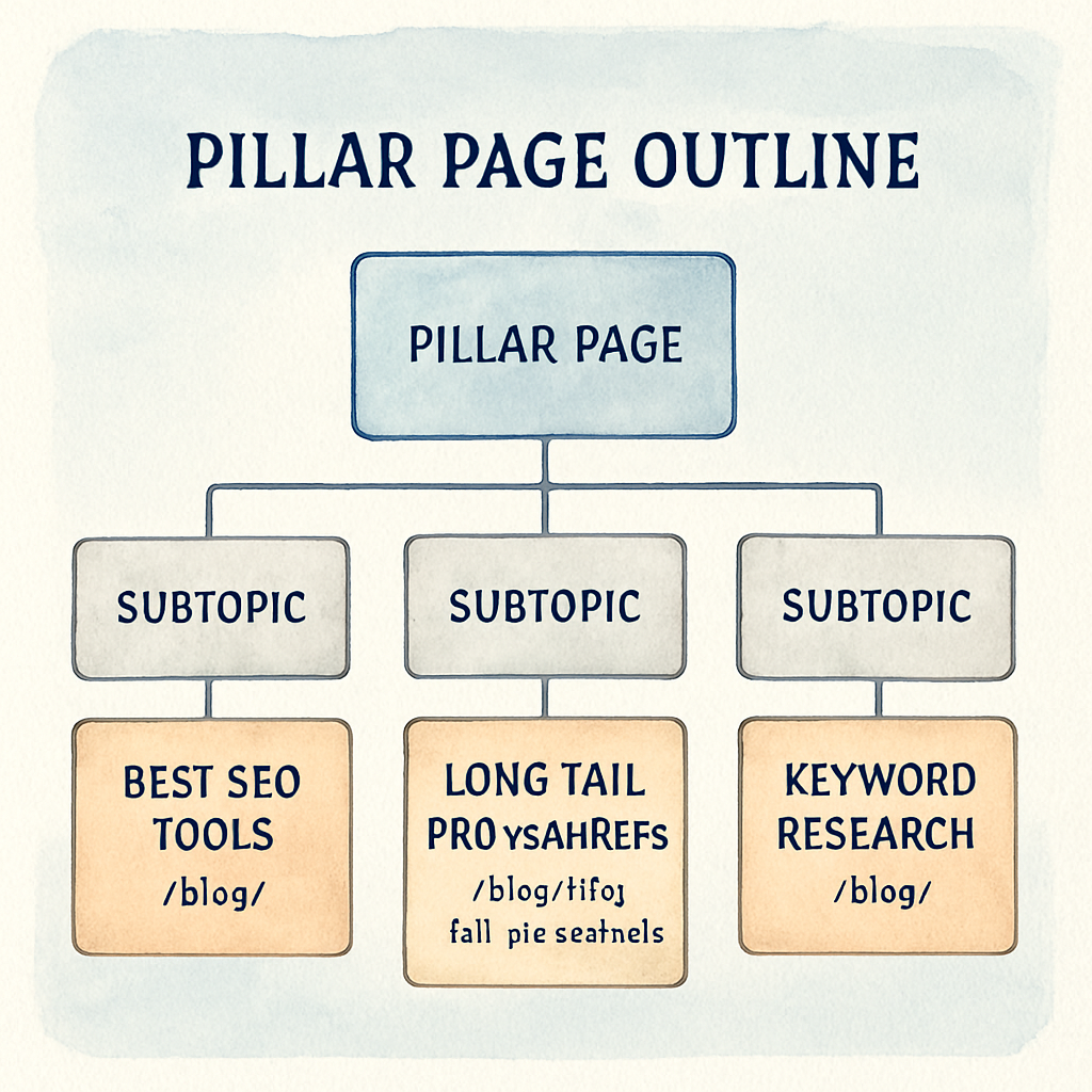 A clean, modern dashboard displaying a pillar page outline with sub‑topic cards arranged in a hierarchy. Alt: Visual guide to identifying core pillar topics for SEO clusters