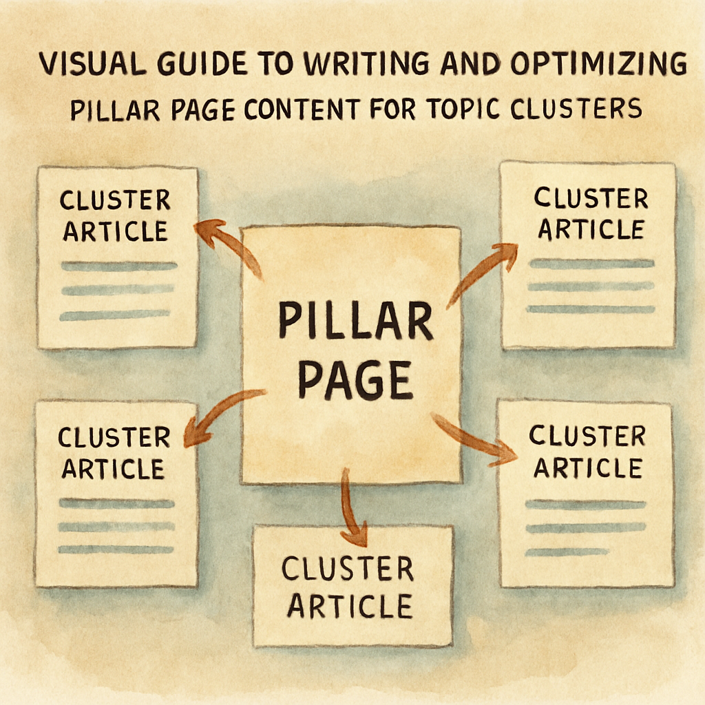 An AI‑generated illustration of a central pillar page surrounded by branching cluster articles, showing arrows linking back and forth. Alt: Visual guide to writing and optimizing pillar page content for topic clusters.
