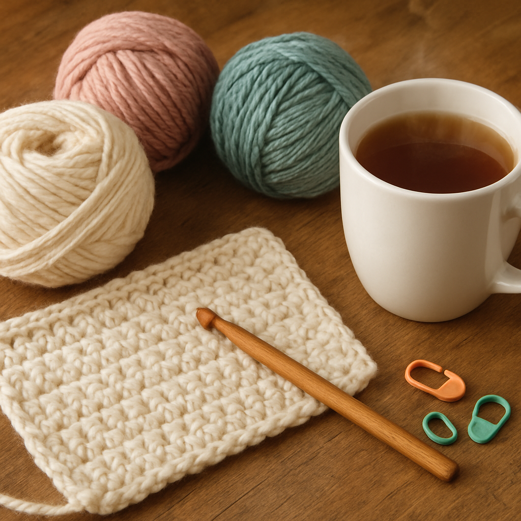 A cozy crochet workspace with yarn skeins, a wooden crochet hook, stitch markers, and a steaming mug of tea on a wooden table. Alt: Gather crochet materials and tools for a beginner beanie project.