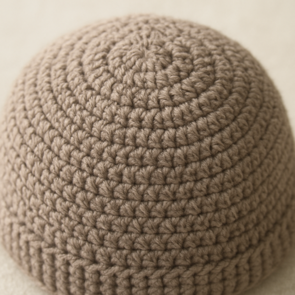 A close‑up of a crocheted beanie crown with neat decrease rows, showing the smooth dome shape and a hidden join. Alt: How to crochet a beanie for beginners – crown shaping and decrease rows