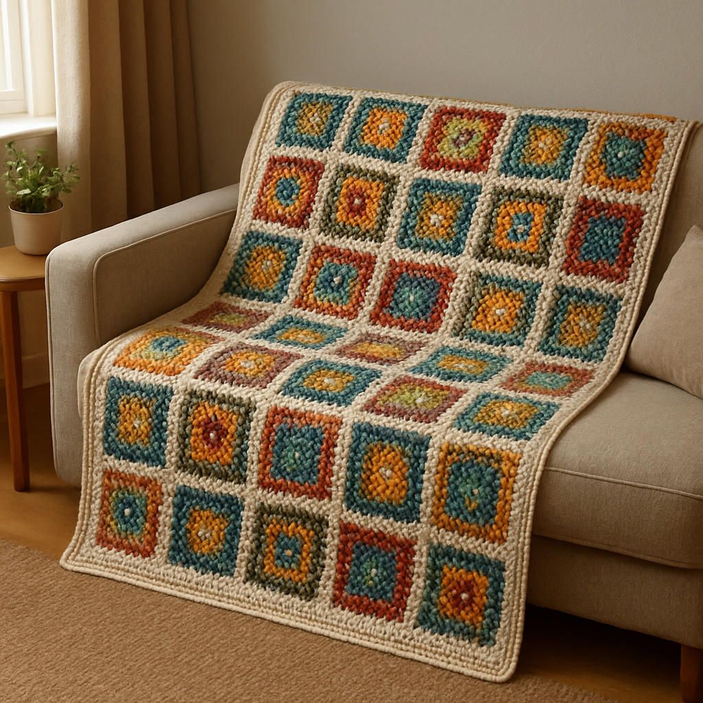 A cosy living room scene with a freshly assembled granny‑square blanket draped over a sofa, showing a neatly aligned colour grid and a subtle border. Alt: Assembled granny square blanket layout with even rows and border.