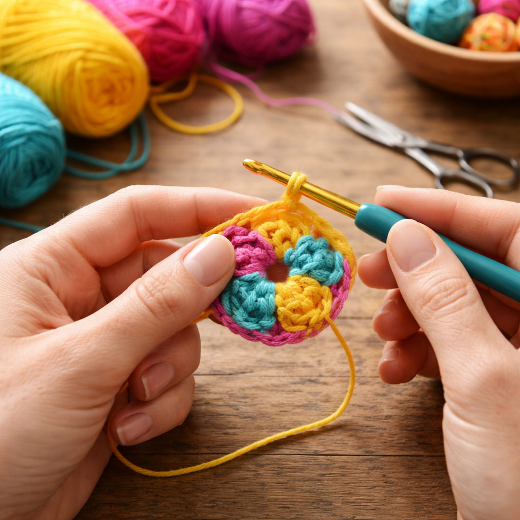 A photorealistic close‑up of hands crocheting the foundation chain and first round of a granny square, bright yarn colours on a wooden table, soft natural lighting, showing the slip stitch ring and three double crochet clusters around it. Alt: How to crochet a granny square foundation chain and first round.