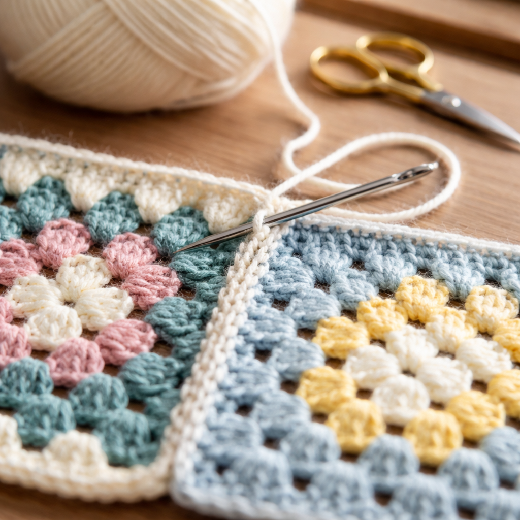 A photorealistic close‑up of two crocheted granny squares being sewn together with a yarn needle, showing the slip‑stitch seam and neatly woven‑in yarn ends. Soft natural light highlights the texture of the yarn, and the background includes a tidy craft workspace with scissors and a skein of yarn. Alt: Close‑up of joining granny squares with yarn needle, showcasing clean finish and seam.