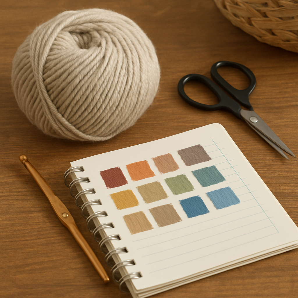 A cozy craft table with a skein of worsted yarn, a size H‑8 crochet hook, scissors, and a notebook with color swatches. Alt: Gather materials and tools for crocheting a granny square, beginner crochet supplies.