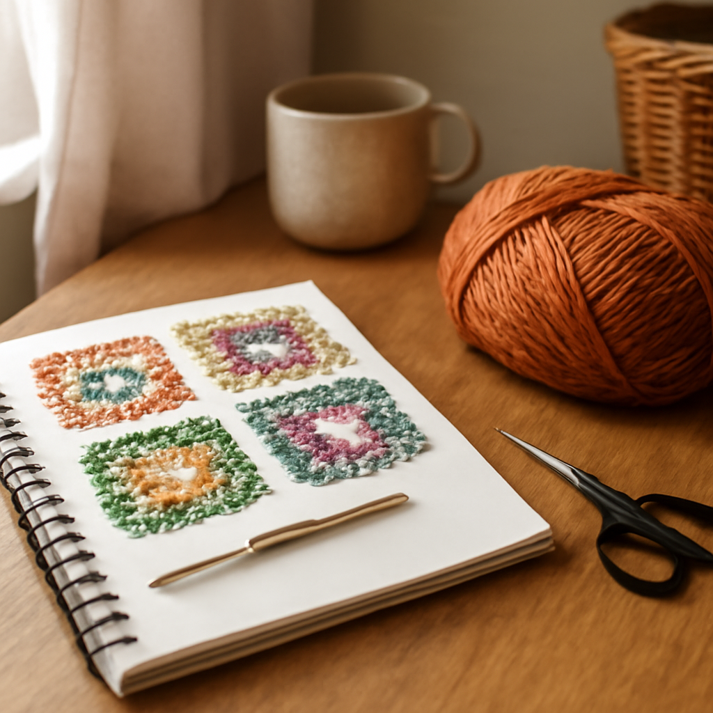 A cozy crafting corner with a wooden table, a skein of colourful worsted‑weight yarn, a 4 mm crochet hook, scissors, and a steaming mug of tea. Alt: Gather materials for crocheting a granny square beginners guide.