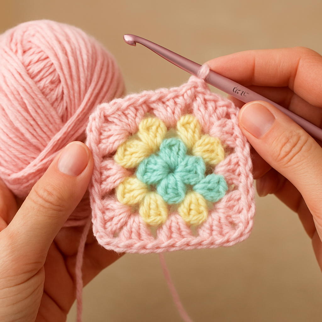 A close‑up of a crocheter’s hands holding a medium‑weight yarn skein and a 5 mm crochet hook, with a bright pastel square in progress. Alt: Crochet yarn and hook hands