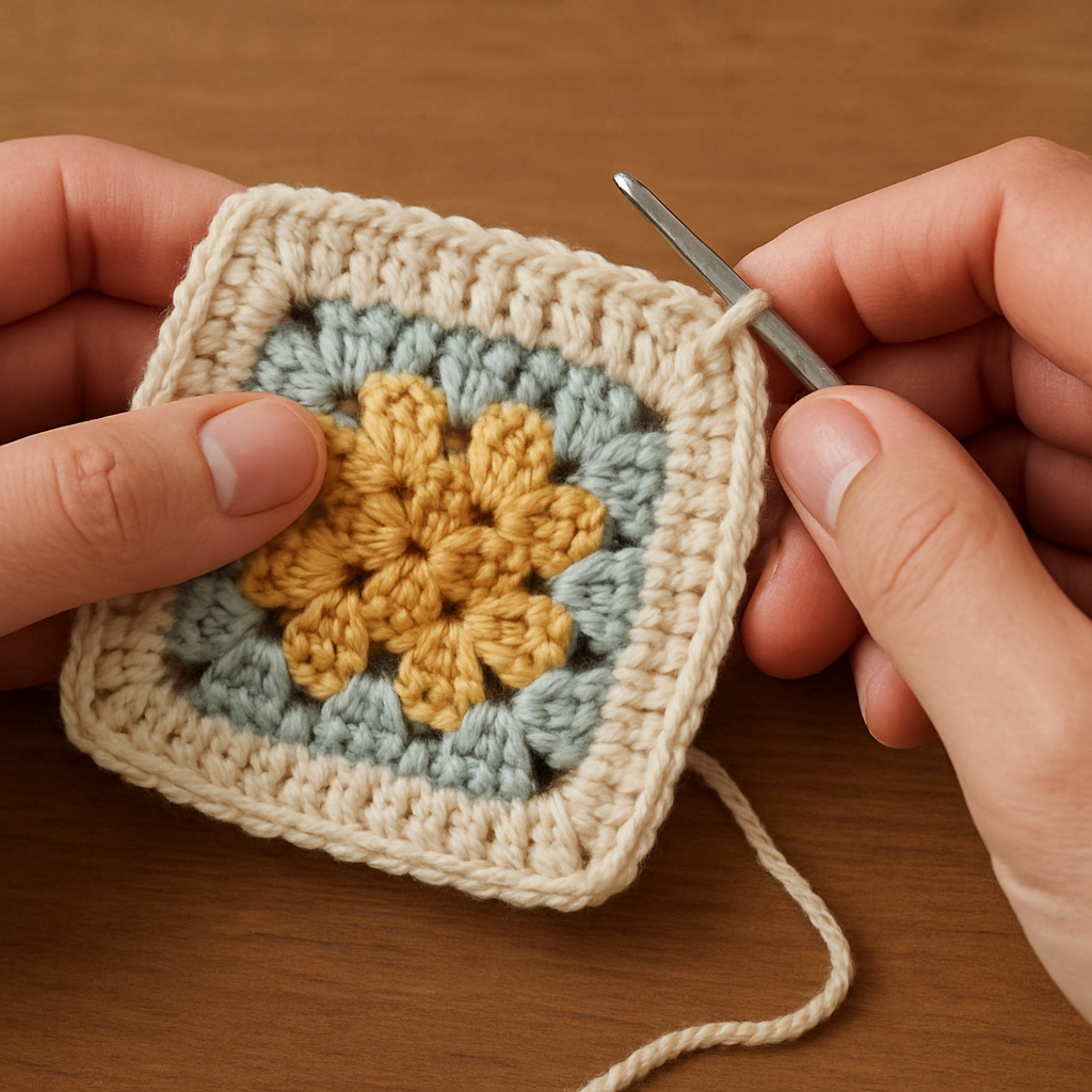 A crocheter gently tying off the edges of a finished granny square, showing neat single crochet stitches and a smooth border. Alt: Finishing edges of a granny square in crochet