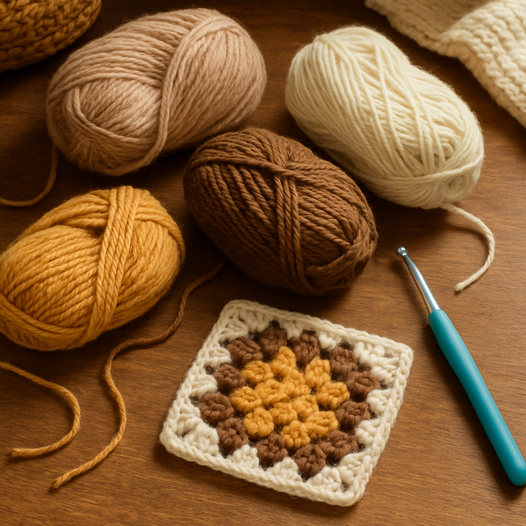 A cozy crochet workspace with yarn skeins, a 5mm hook, and a finished granny square. Alt: Gather crochet materials and tools for beginners.