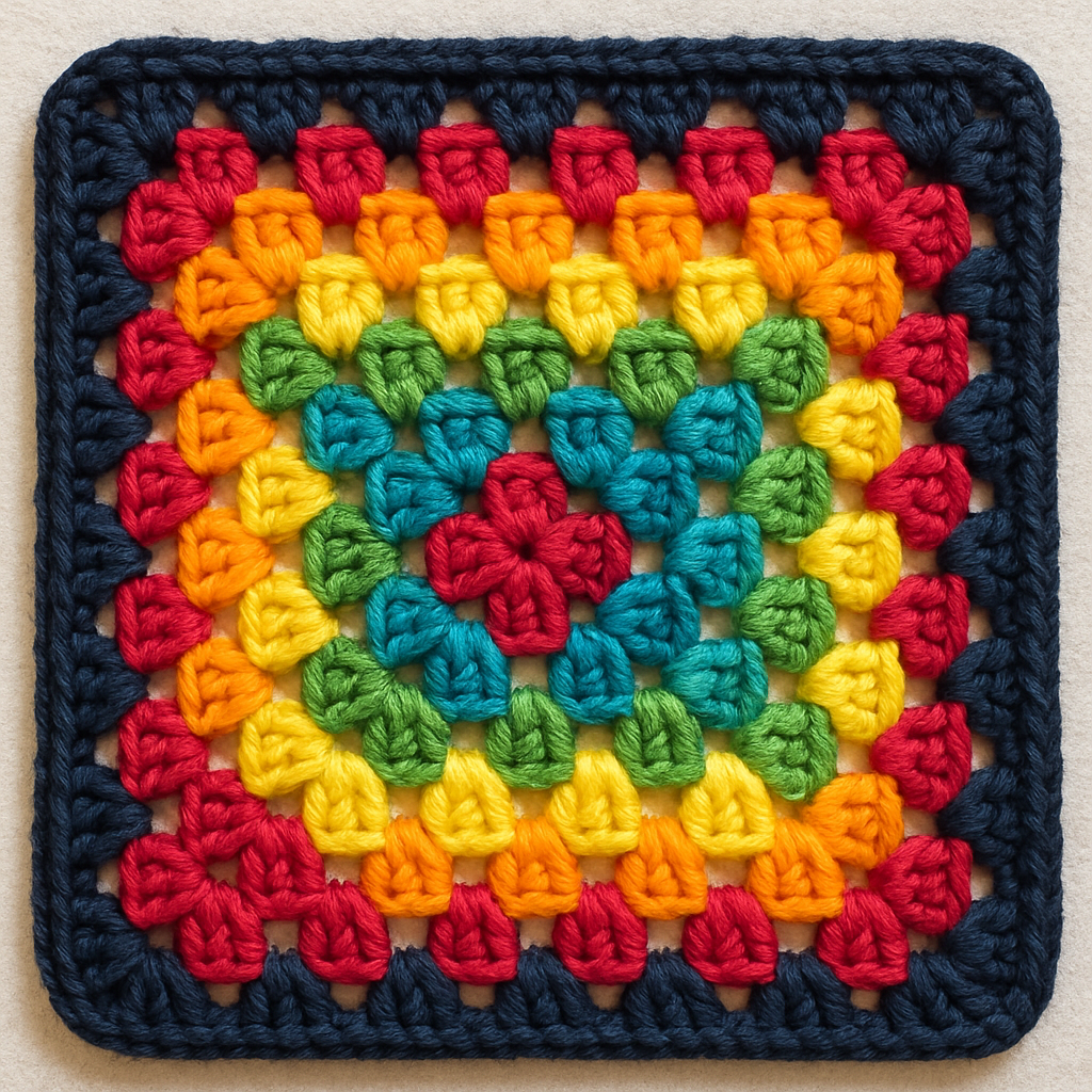 A close‑up of a crocheted granny square displaying bright alternating stripes and a contrasting border. Alt: Colorful granny square with striped pattern and border for beginners.