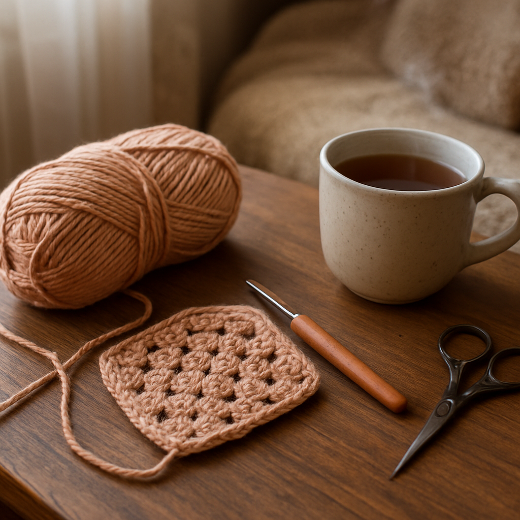 A cozy crafting nook with a crochet hook, skein of medium‑weight yarn, scissors, and a steaming cup of tea on a wooden table. Alt: Gather materials for crocheting a granny square for beginners.