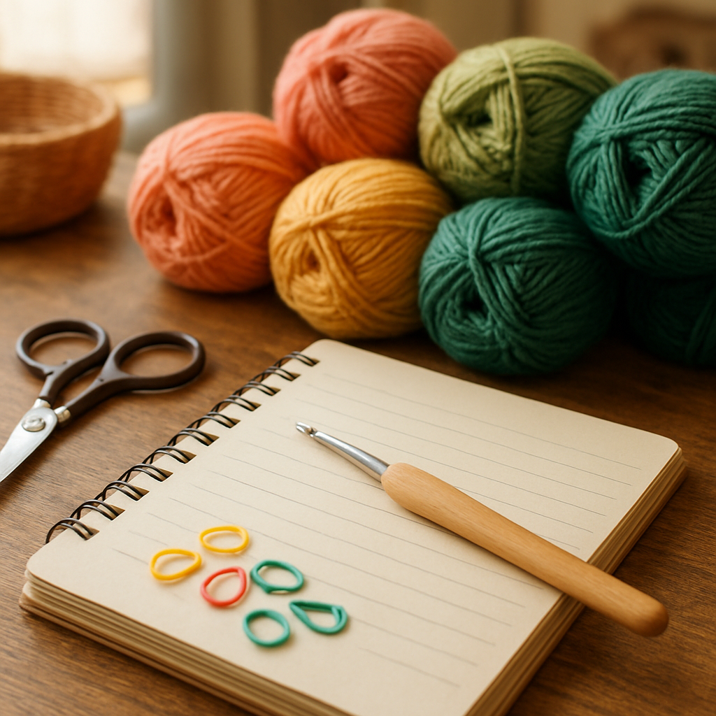 A photorealistic scene of a cozy crafting nook with a crochet hook, skeins of colourful yarn, a notebook, scissors, and stitch markers neatly arranged on a wooden table. Alt: Gather materials for crocheting a granny square step by step.