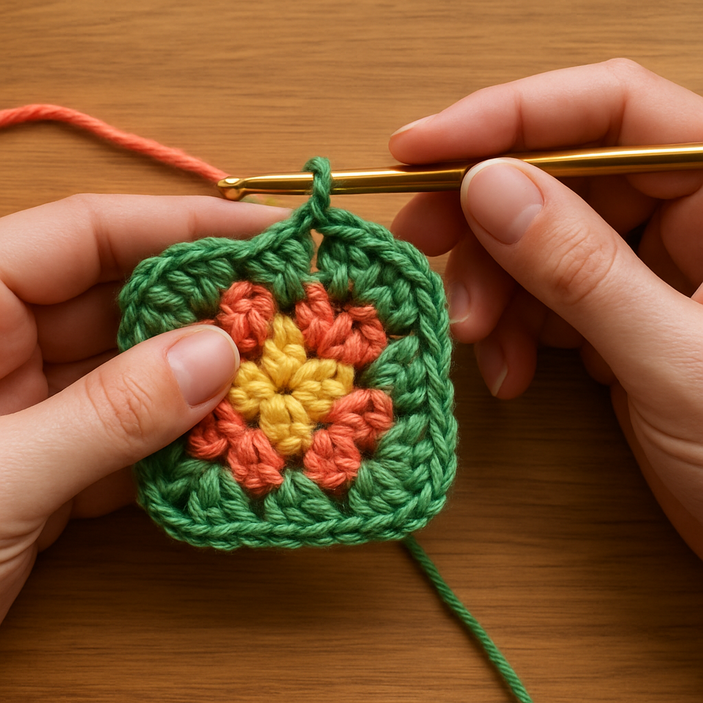 A photorealistic close‑up of hands crocheting the third round of a granny square, bright yarn strands in two complementary colours, a size G hook, and a well‑lit wooden table, showcasing the transition from single‑colour to multi‑colour work. Alt: Crochet granny square adding color step by step.