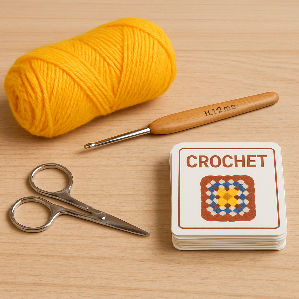 A bright, organized crochet workspace featuring a skein of worsted yarn, a size H crochet hook, scissors, and a small stack of custom label stickers. Alt: Crochet tools and materials for granny square beginners