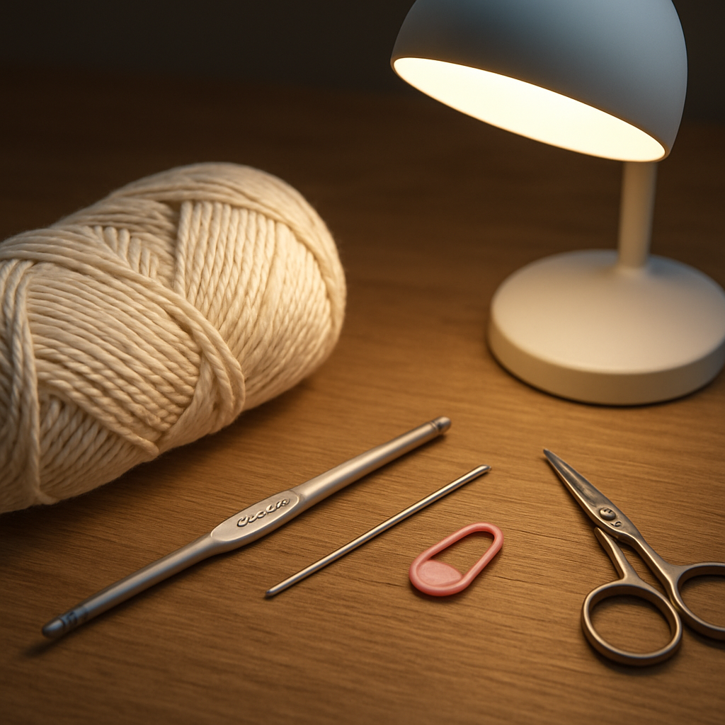 A photorealistic scene of a neatly arranged crochet workspace showing a size G/6 mm hook, skein of cotton yarn, stitch marker, scissors, yarn needle, and a bright lamp, captured in realistic lighting to appeal to hobbyist crocheters and creative entrepreneurs.