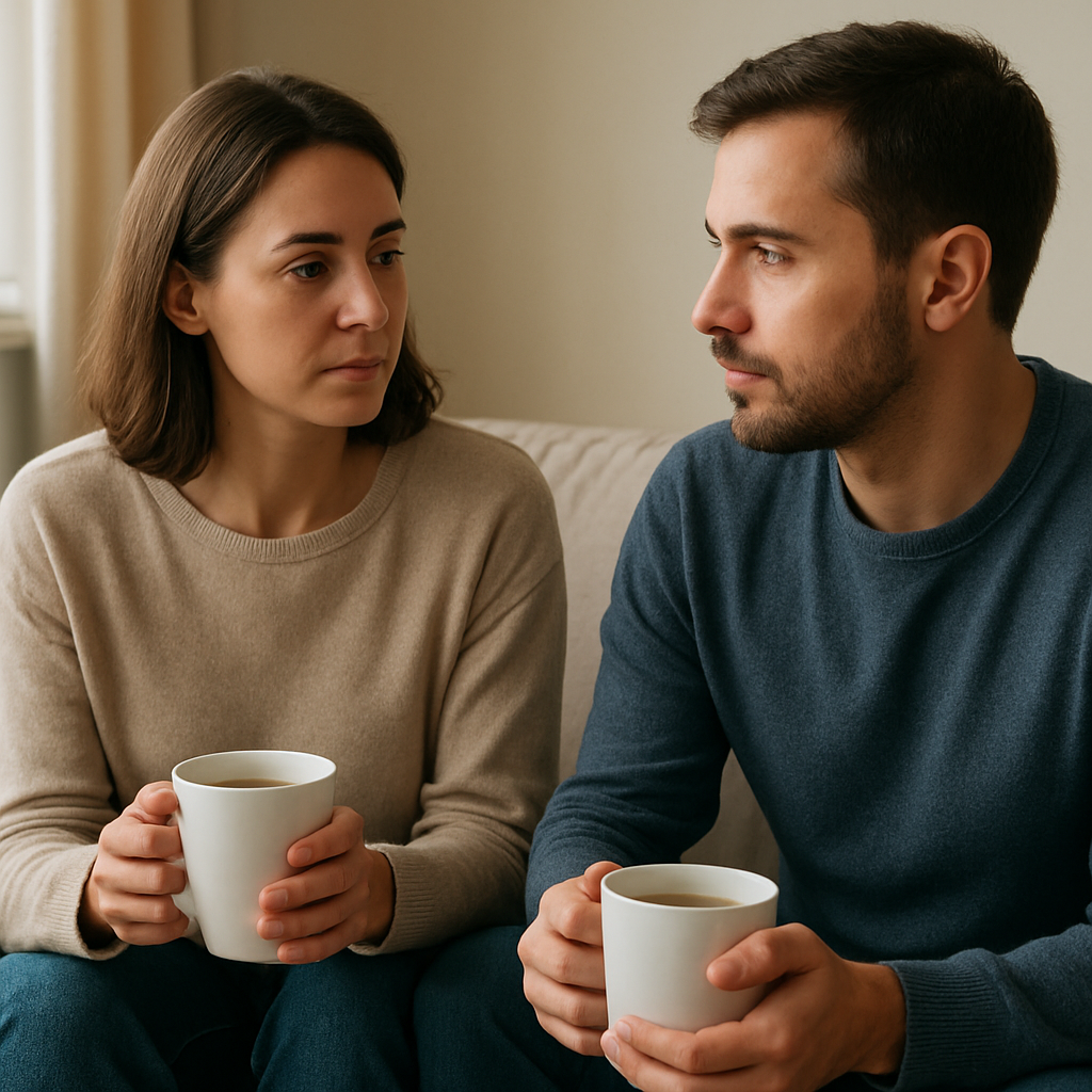 A couple sitting on a couch, each holding a warm cup of coffee, looking calm and attentive as they pause mid‑conversation. Alt: Recognizing emotional temperature in a relationship helps de‑escalate arguments.