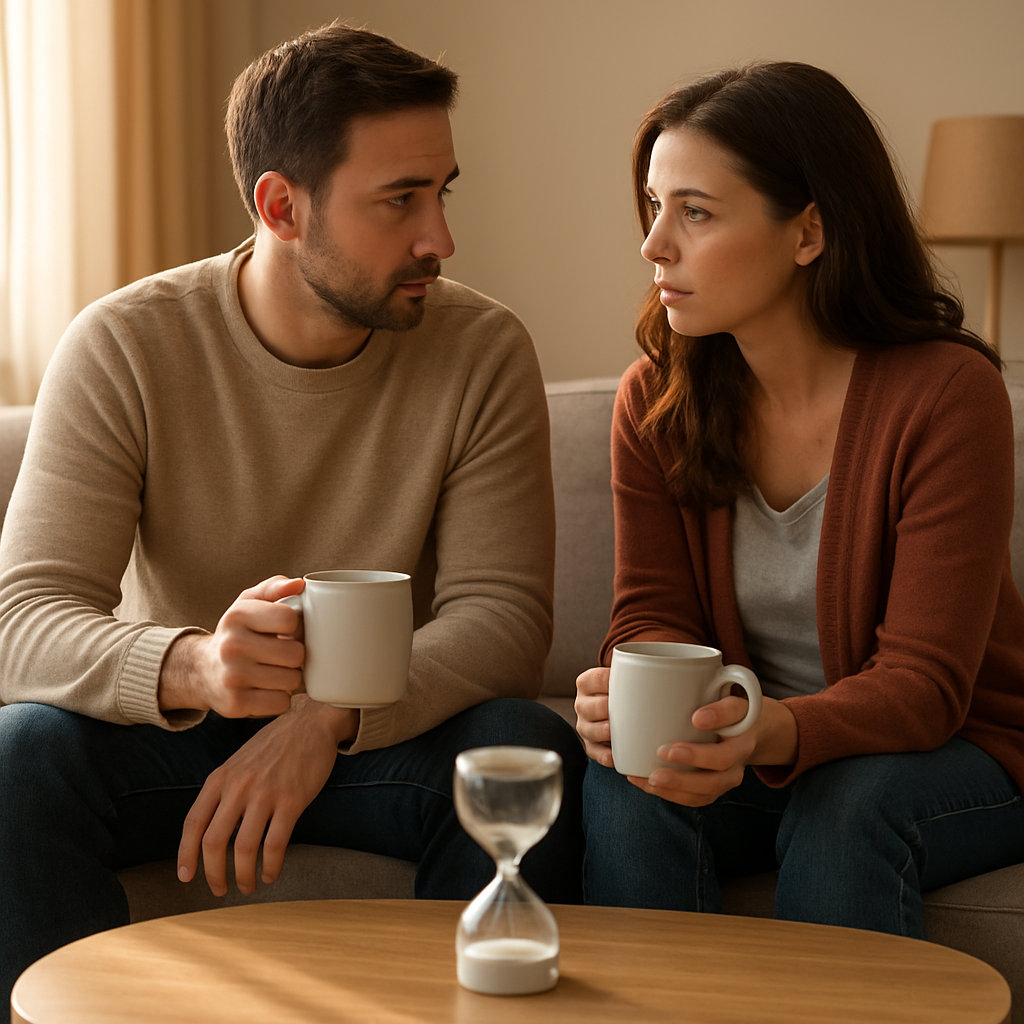 A cozy living room scene with a couple sitting on a couch, each holding a coffee mug, a soft timer on the coffee table, and gentle sunlight filtering in. Alt: Couple taking a timeout and reconnecting over coffee to de‑escalate an argument.