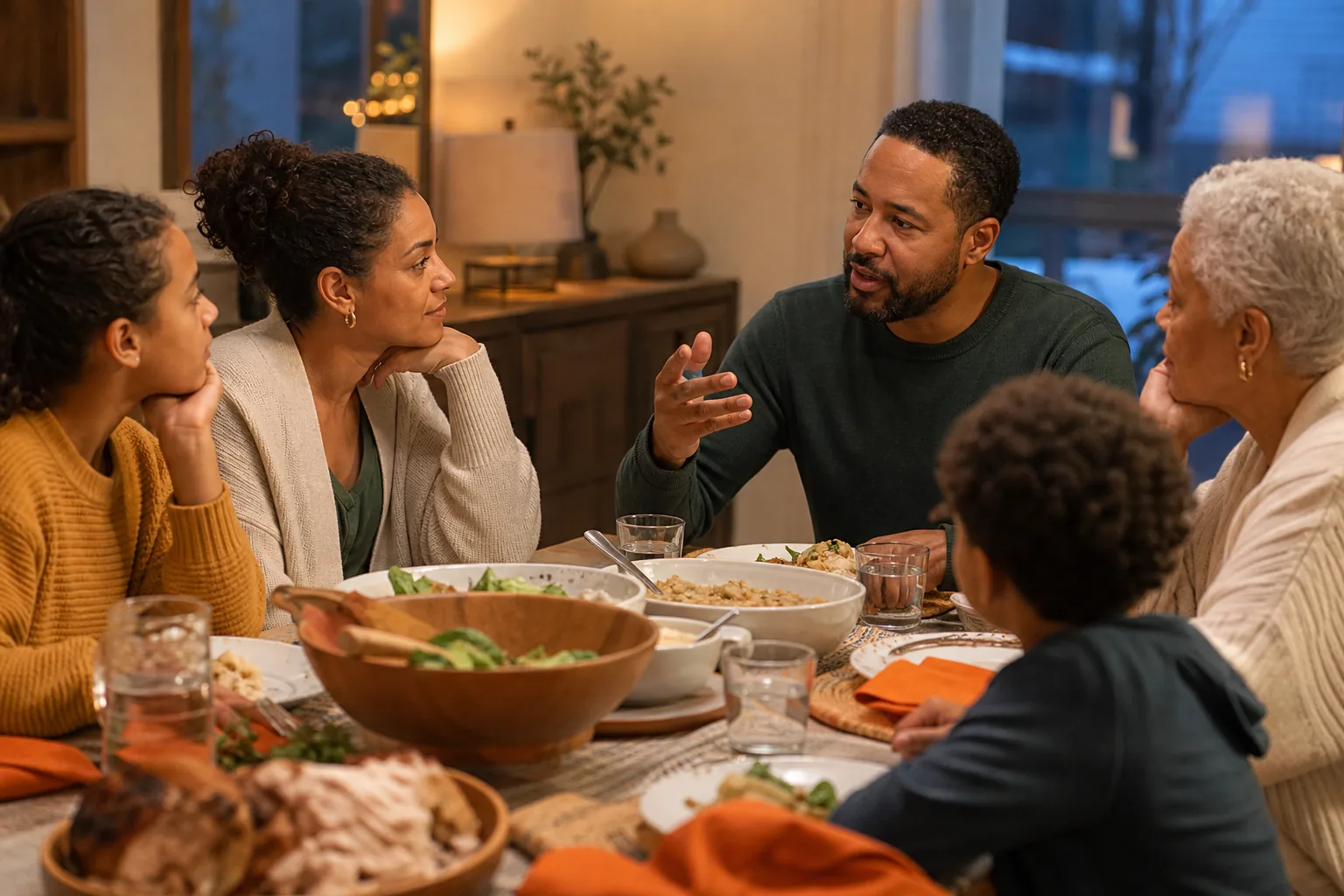 Family members practicing calm communication at a meal.