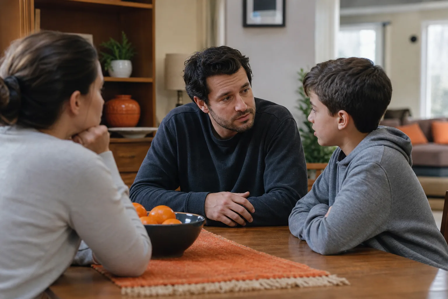 Parent listening calmly to a child during a family disagreement.
