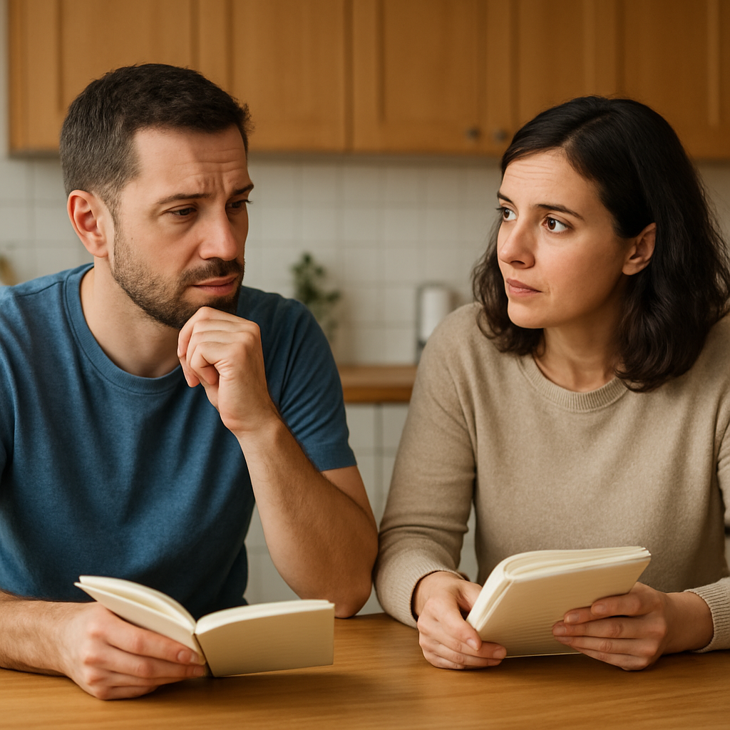 A couple sitting at a kitchen table, each holding a notebook, looking reflective and engaged in conversation. Alt: Couples identifying the root causes of resentment together with a notebook.