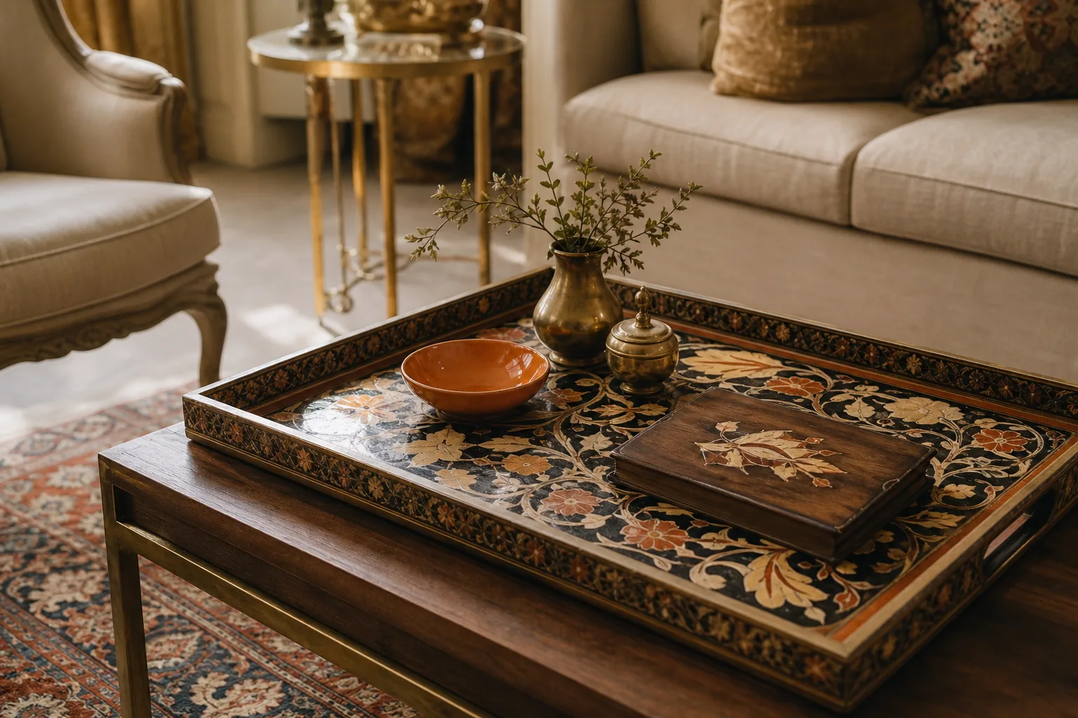 hand-painted decorative tray on a coffee table as the first styling layer.