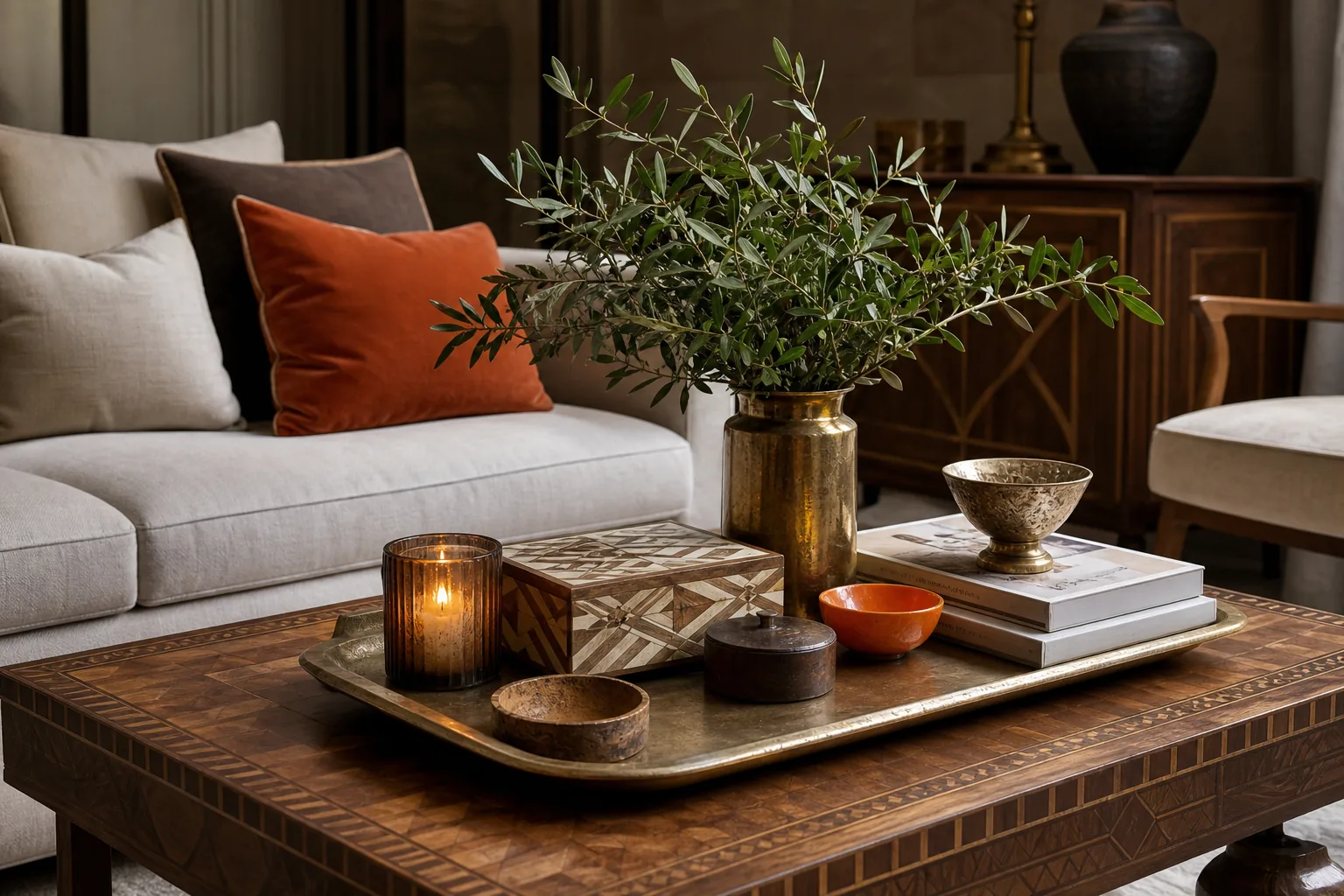 coffee table decor arranged in groups with varied heights and balanced spacing.