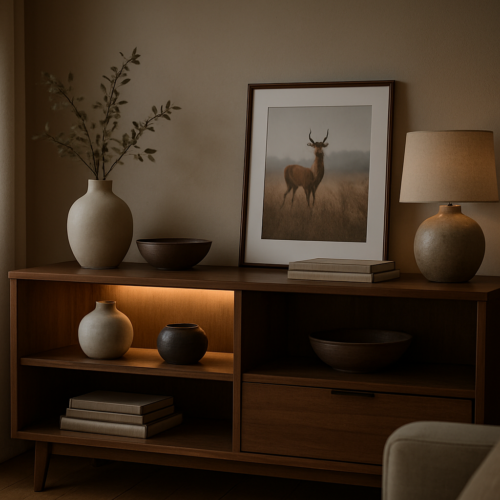 A cinematic, photorealistic scene of a stylish living‑room media console with neatly arranged decorative objects on its shelves, soft natural light filtering through a nearby window, a subtle LED strip highlighting a vase, and a framed wildlife print leaning against a book stack. Alt: How to decorate shelves in living room – assessed space and lighting.