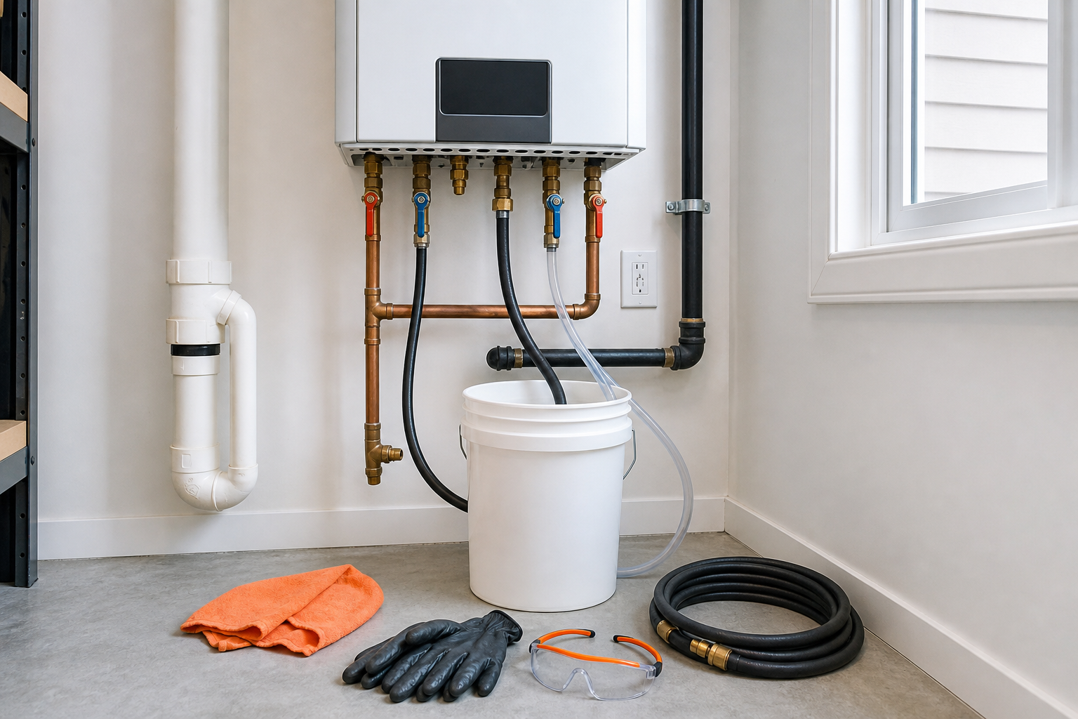 tankless water heater descaling work area with safety gear and bucket.